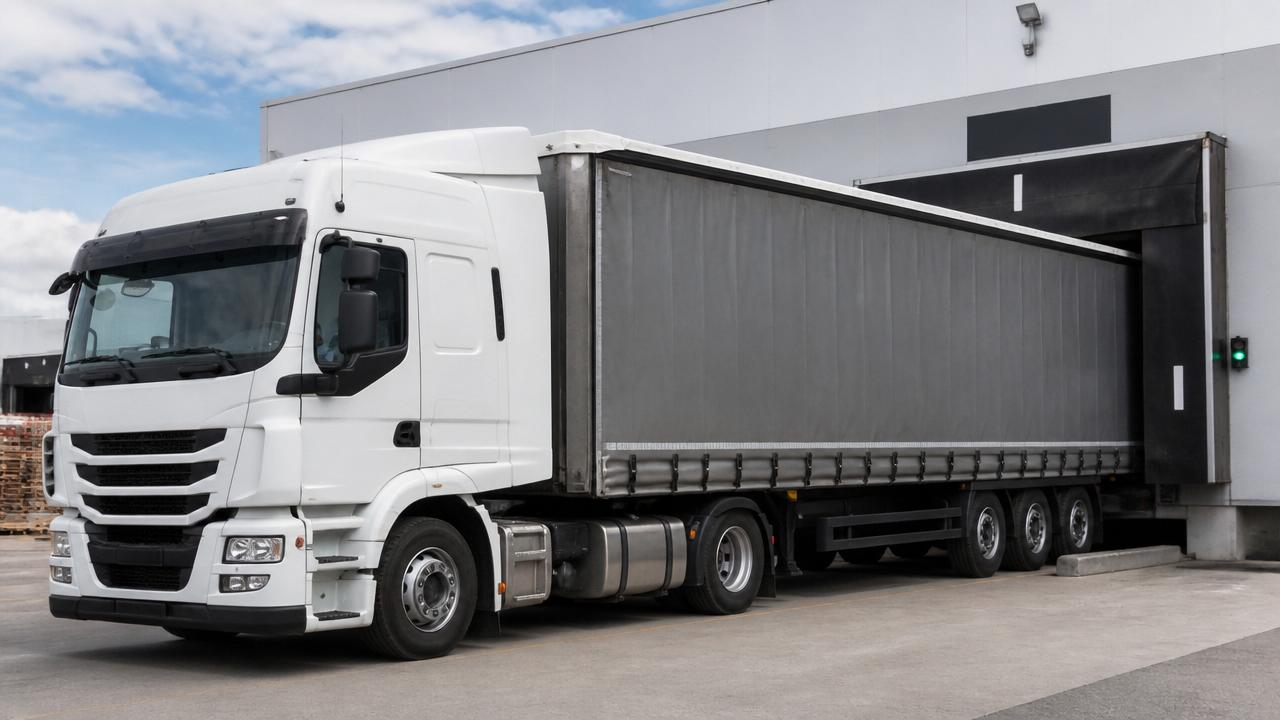 Curtain-side tautliner truck at a distribution warehouse dock